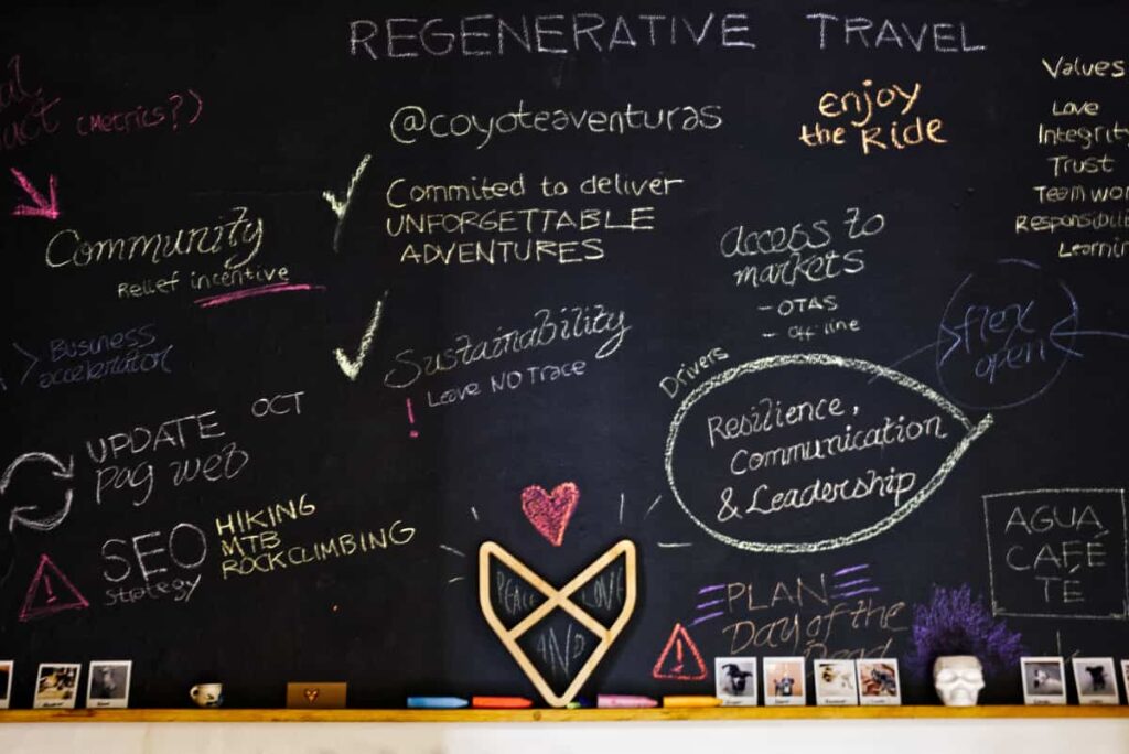 The chalkboard at Coyote Aventuras, a sustainable travel company in Oaxaca. Inspirations and work reminders are written in different colored chalk.