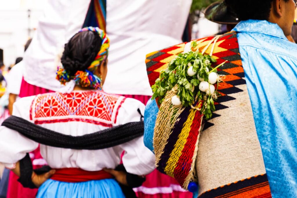A back view of performers at the Guelaguetza parade. A man stands with a traditional woven fabric over is shoulder with a netted bag of green onions. To his left is a woman wearing traditional clothes of a blue skirt and white shirt with red embroidery. Her hair is braided and includes a colorful woven headband.