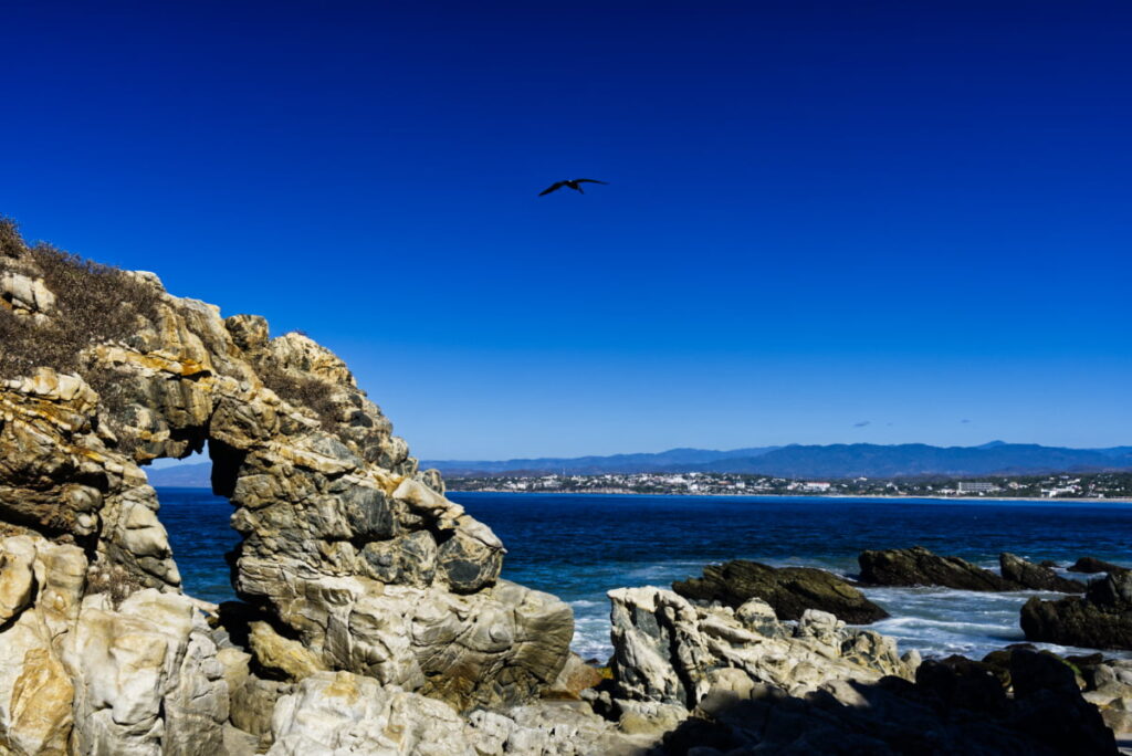 At the hike in La Punta, there is a large marbled rock in the form of an arch while a large bird soars above the ocean. The city of Puerto Escondido is in the background.