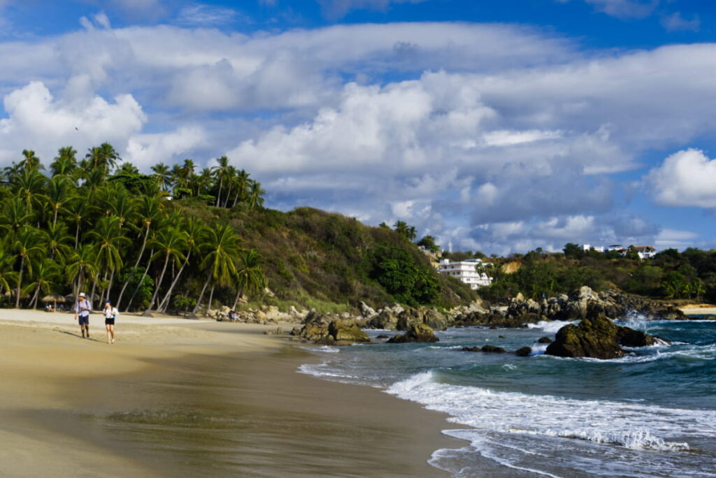 A couple strolls the beach at Playa Bacocho where towering, dense palm trees can be seen in the background. Waves come to shore along the rocky curve of the beach.