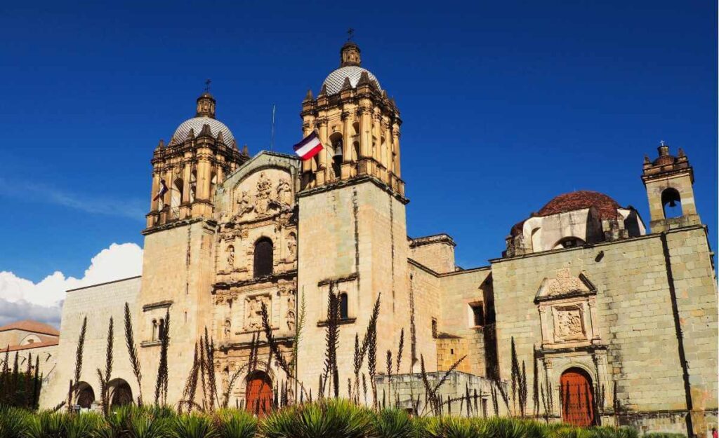 An outside view of the ornate Santo Domingo Church in Oaxaca, Mexico.
