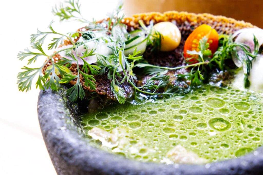 At one of the best restaurants in Oaxaca, the open molcajete reveals aguachile de tasjo marinating in a bright green liquid topped with garnishes.