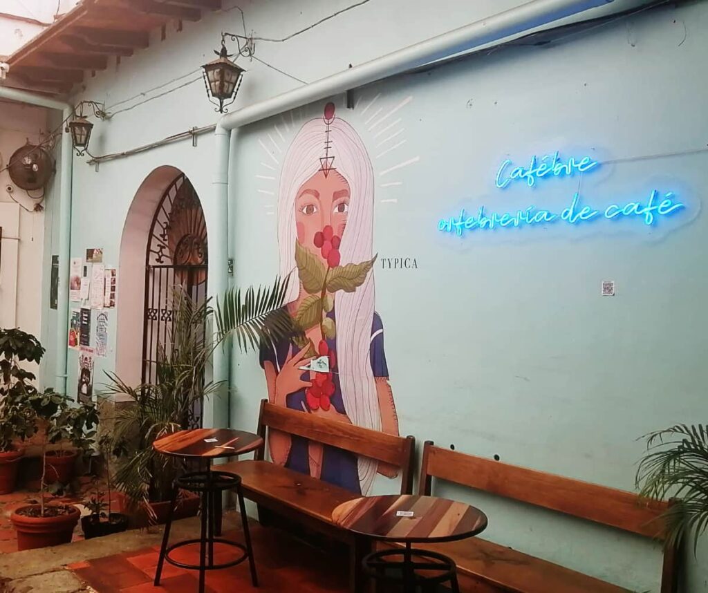 A hand painted portrait of a woman with long silver hair decorates the wall in the courtyard a Cafebre. In front are several tables and benches.