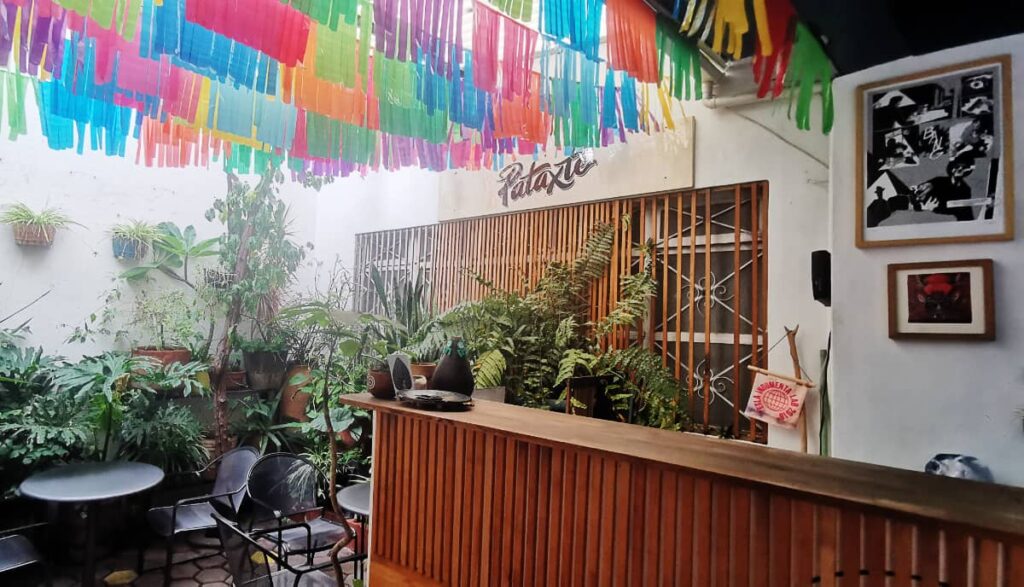 Colorful banners hang from the ceiling of Pataxte Cafe in Oaxaca. Underneath is a small patio with plants and black tables and chairs.