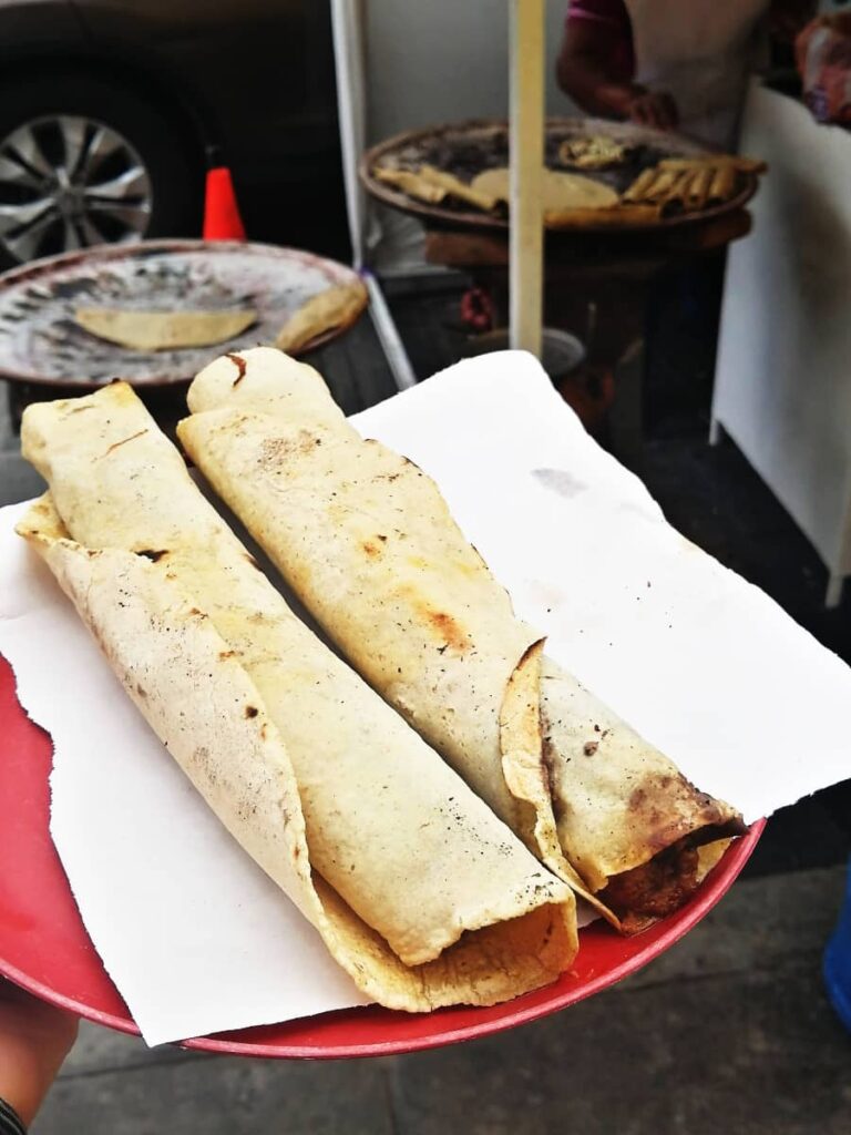 At Tacos del Carmen, a popular street stand for tacos in Oaxaca, two large rolled tacos are on a red plastic plate. IN the background are two comals used to cook the food.