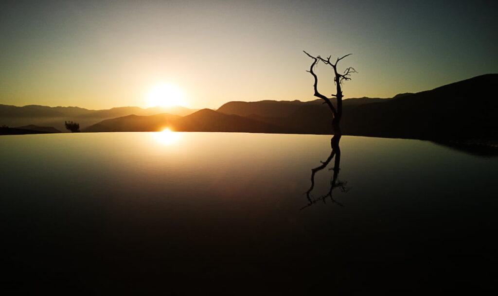 A sunrise image of the infinity pool at Hierve el Agua, the top thing to do in Oaxaca. At the edge of the pool is a silhouetted tree trunk with mountains in the background.