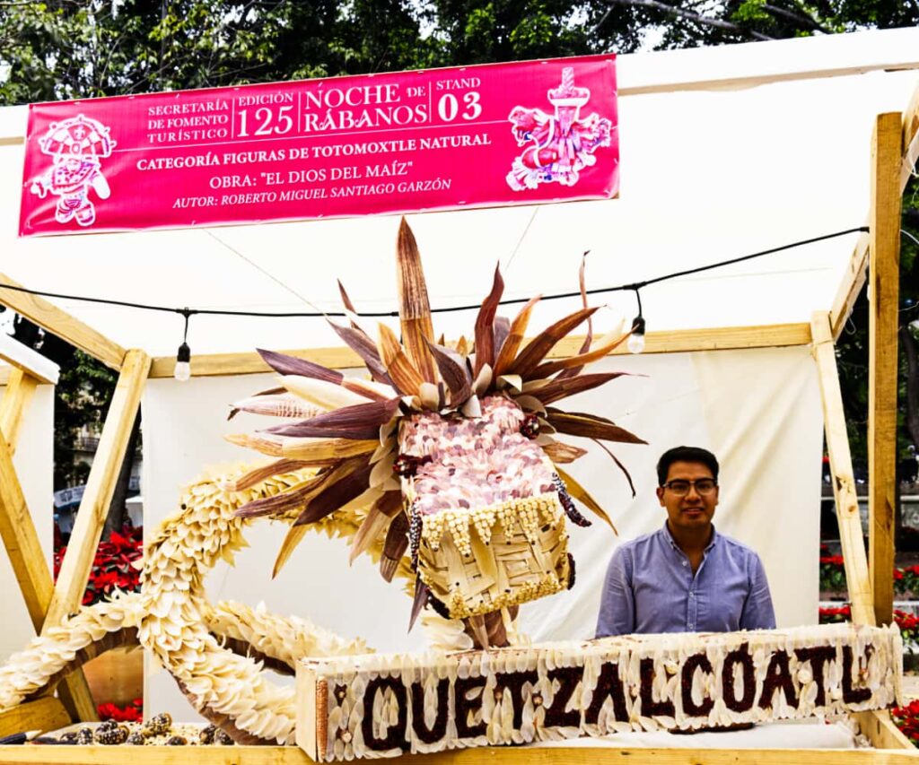 Quetzalcoatl, the feathered serpent, is on display as a stunning piece which was made to compete in the Oaxaca Noche de Rabanos competition.