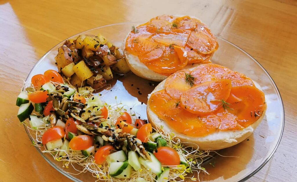The vegan food at La Selva de los Gatos includes this "bagel and lox" made with slices of carrots and served with a side salad and roasted potatoes.
