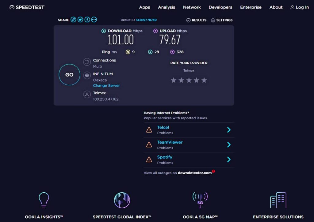 A screenshot of Puerto Escondido internet speeds show a download speed of 101 Mbps and an upload speed of 79.67 Mbps using Telmex internet in Oaxaca.