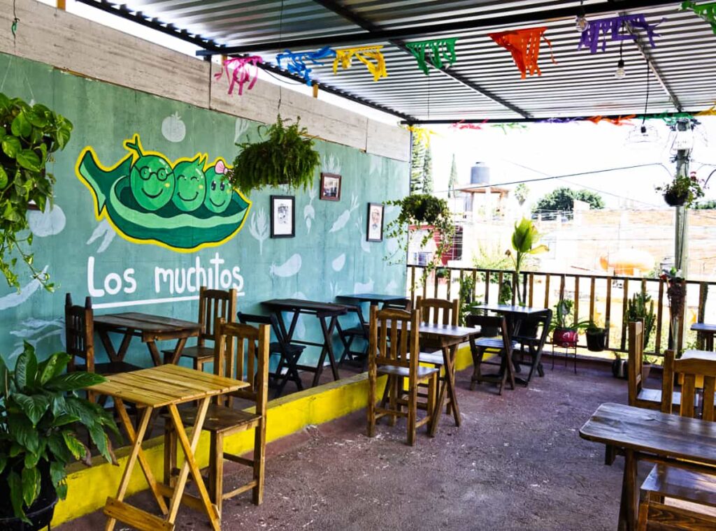 The open air rooftop at Los Muchitos, a vegan restaurant in Oaxaca, features a painted wall with a depiction of three peas in a pod, with faces meant to look young. Underneath are the words Los Muchitos. On the patio are various wooden tables and chairs.