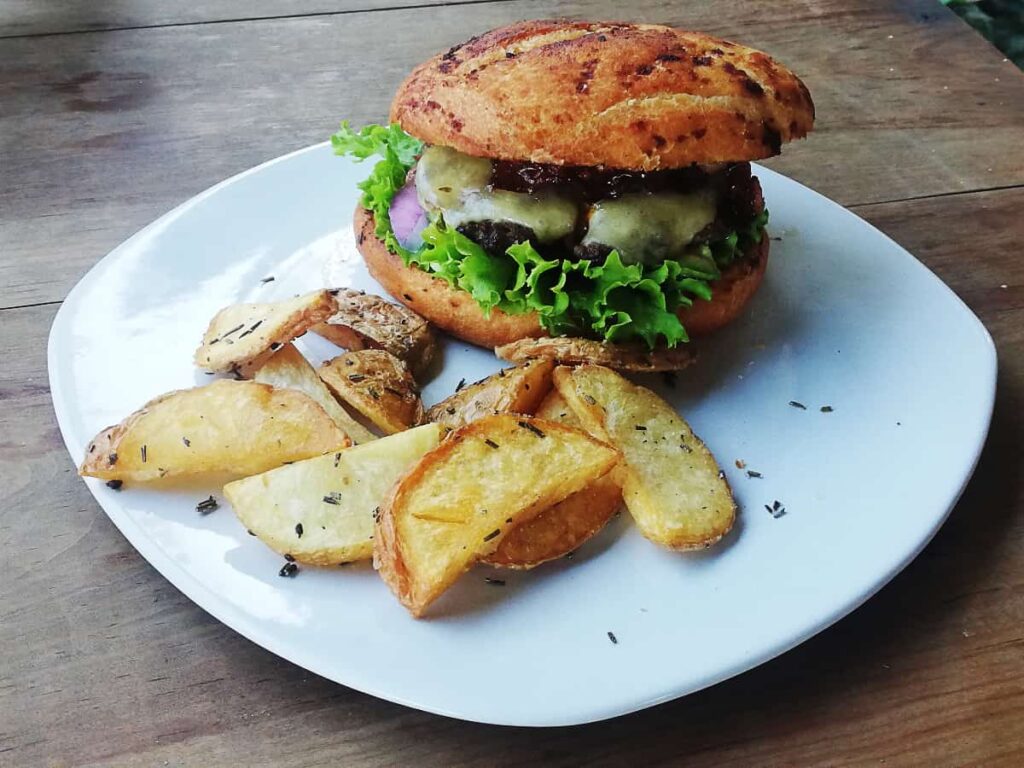 A white plate with the best burger in Mazunte, from Cenzontle shows the burger and bun with cheese and lettuce. On the side are rosemary roasted potatoes.