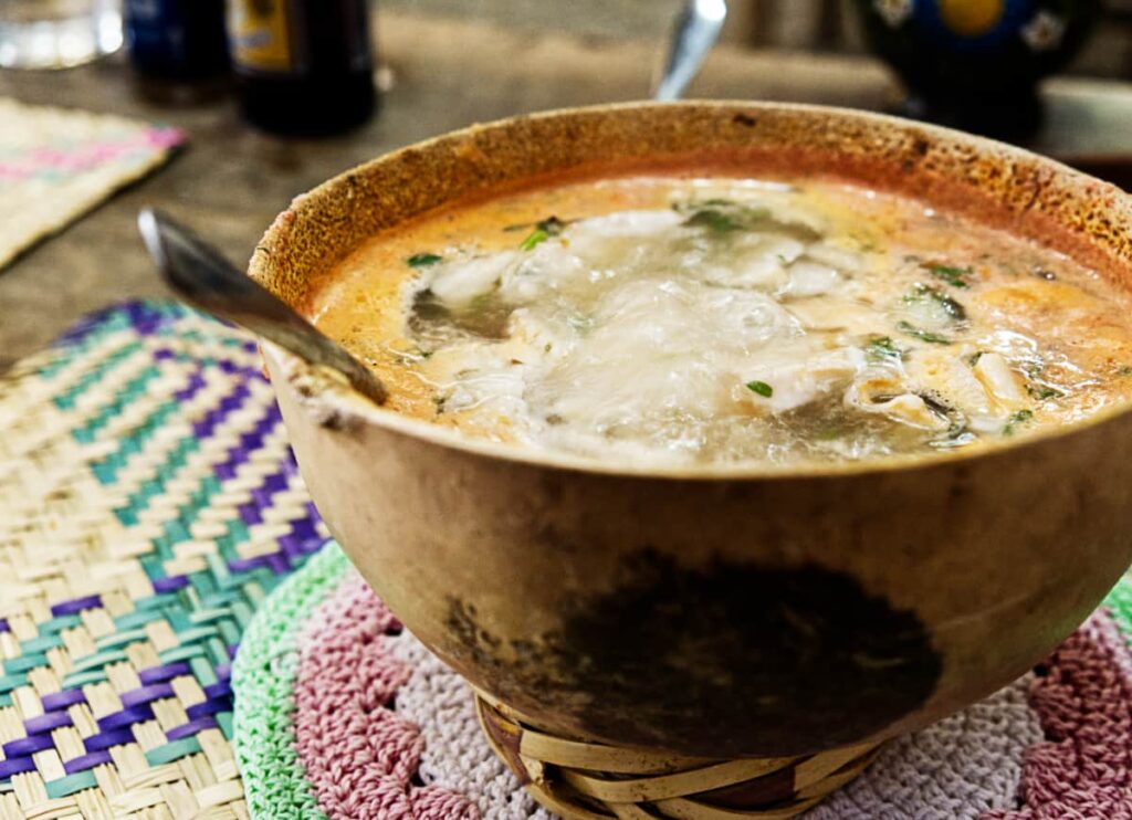 A unique Oaxacan food, caldo de piedra is literally bowling, severed in a gourd bowl.