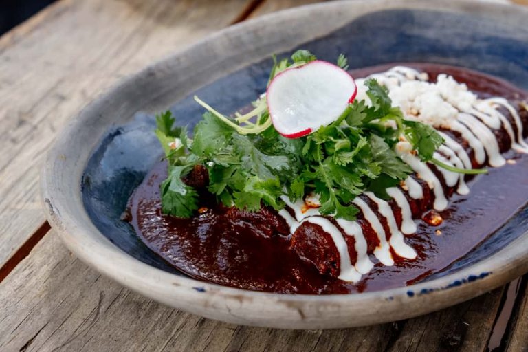 A close up view of an oval plate of enchiladas smothered in mole coloradito and topped with crema, fresh cheese, herbs, and a slice of radish.