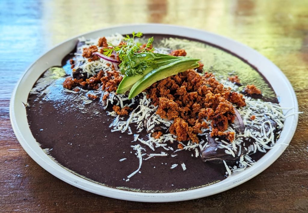 Enfrijoladas for breakfast in Puerto Escondido are topped with crumbled chorizo, shredded cheese, avocado slices, red onion, and cilantro in a pool of black bean sauce and served on a white plate.
